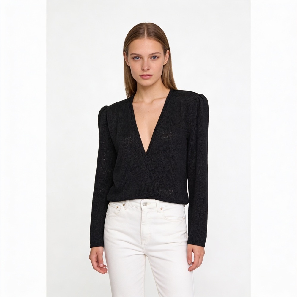 ST. JOHN Vintage 70’s Santana Knit Open Front Puff Shoulders Black Cardigan